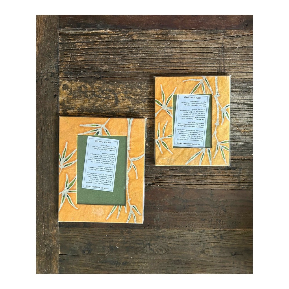 Handmade Thai Batik Mulberry Paper Frames Orange Green Botanical Folk Art Set